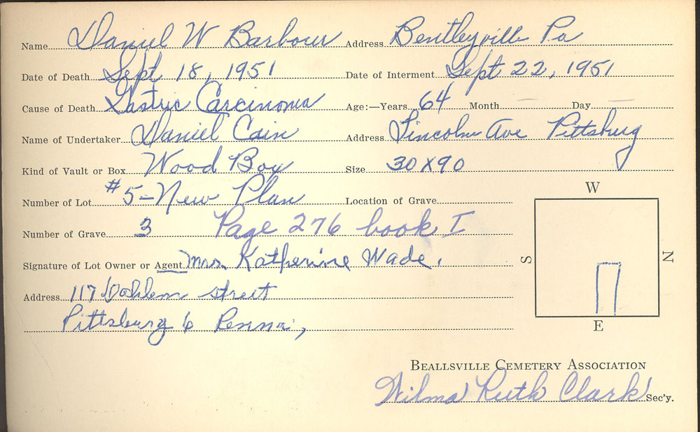 Daniel W. Barbour burial card